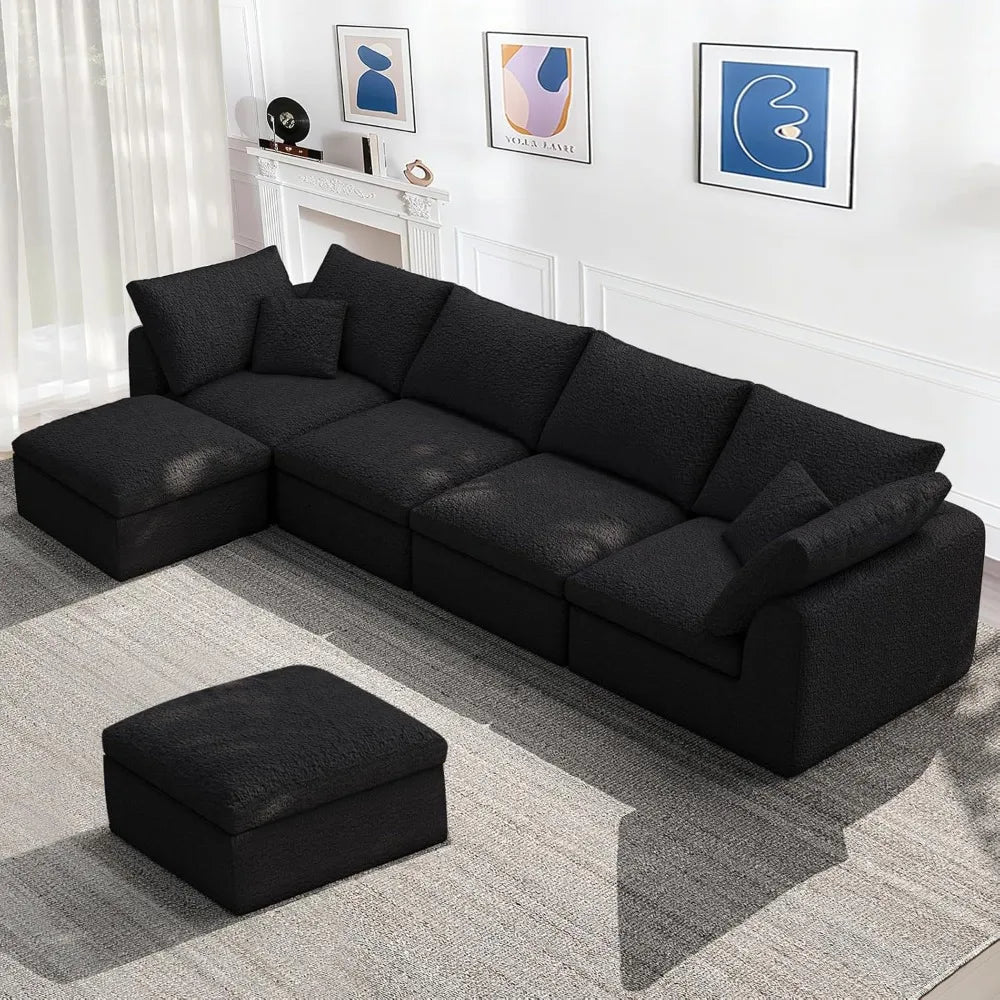 Cloud Modular Sectional Sofa with 2 Storage Ottomans 160.6" Down Filled Comfort U Shaped Sofa Minimalist Wide Deep Seat Couch