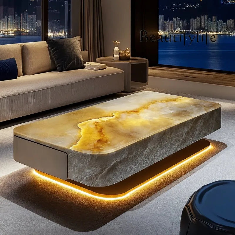 Square luminous jade luxury stone coffee table living room custom modern light luxury style large flat floor home