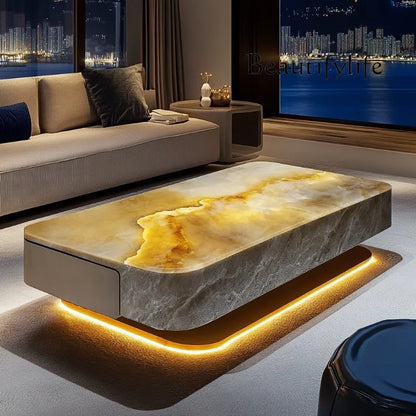 Square luminous jade luxury stone coffee table living room custom modern light luxury style large flat floor home
