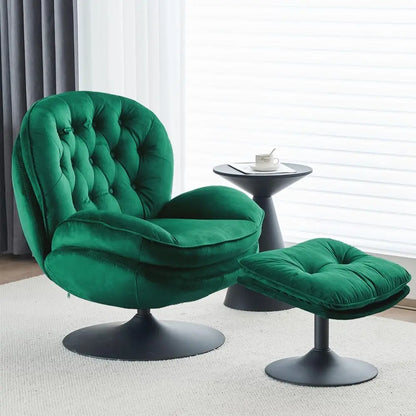 Green Velvet Swivel Chair and Ottoman Set for Living Room, Reading, TV Area, or Bedroom with 360-Degree Rotation