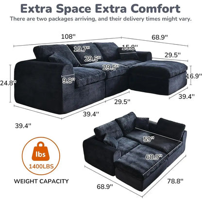 108 L-Shape Sectional Sofa with Ottoman, 3 Seater Deep Seat Cloud Sofa (Black)