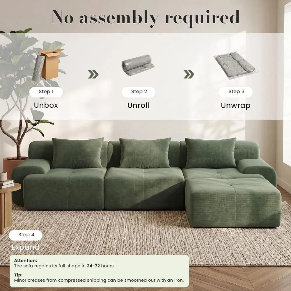 Green Oversized L-Shape Sectional Sofa with Deep Seat, Ottoman, and 3 Pillows