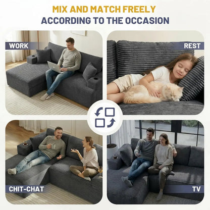 105" L Shaped Sectional Couch, Cloud Modular Boneless Sofa with 2 Cup Holders, Oversized Corduroy Floor Sofa with, Custom
