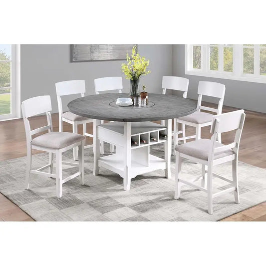 Classic 7-Piece Counter Height Dining Set with Antique White and Gray Table, Lazy Susan, Built-in Leaf, and 6 High Chairs for