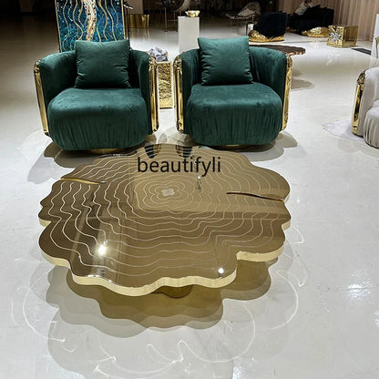 xz1Italian light luxury round coffee table high-end villa living room stainless steel heterosexual etching high and low combinat