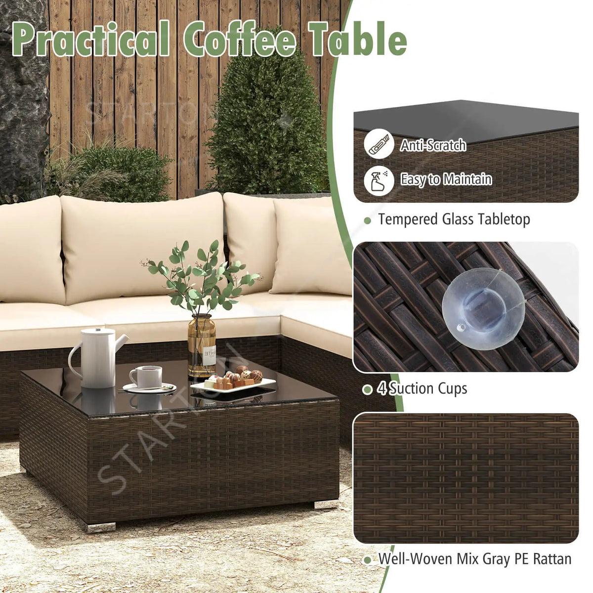 Hot Sale Item 7 PCS Patio Rattan Furniture Set Sectional Sofa Cushioned Garden Brown