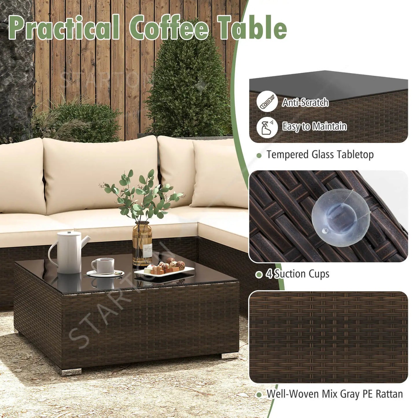 Hot Sale Item 7 PCS Patio Rattan Furniture Set Sectional Sofa Cushioned Garden Brown
