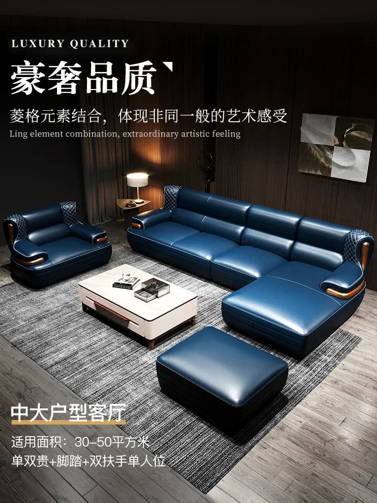 The first layer leather sofa high-grade villa solid wood high-end living room modern simple apartment blue Nordic style custom