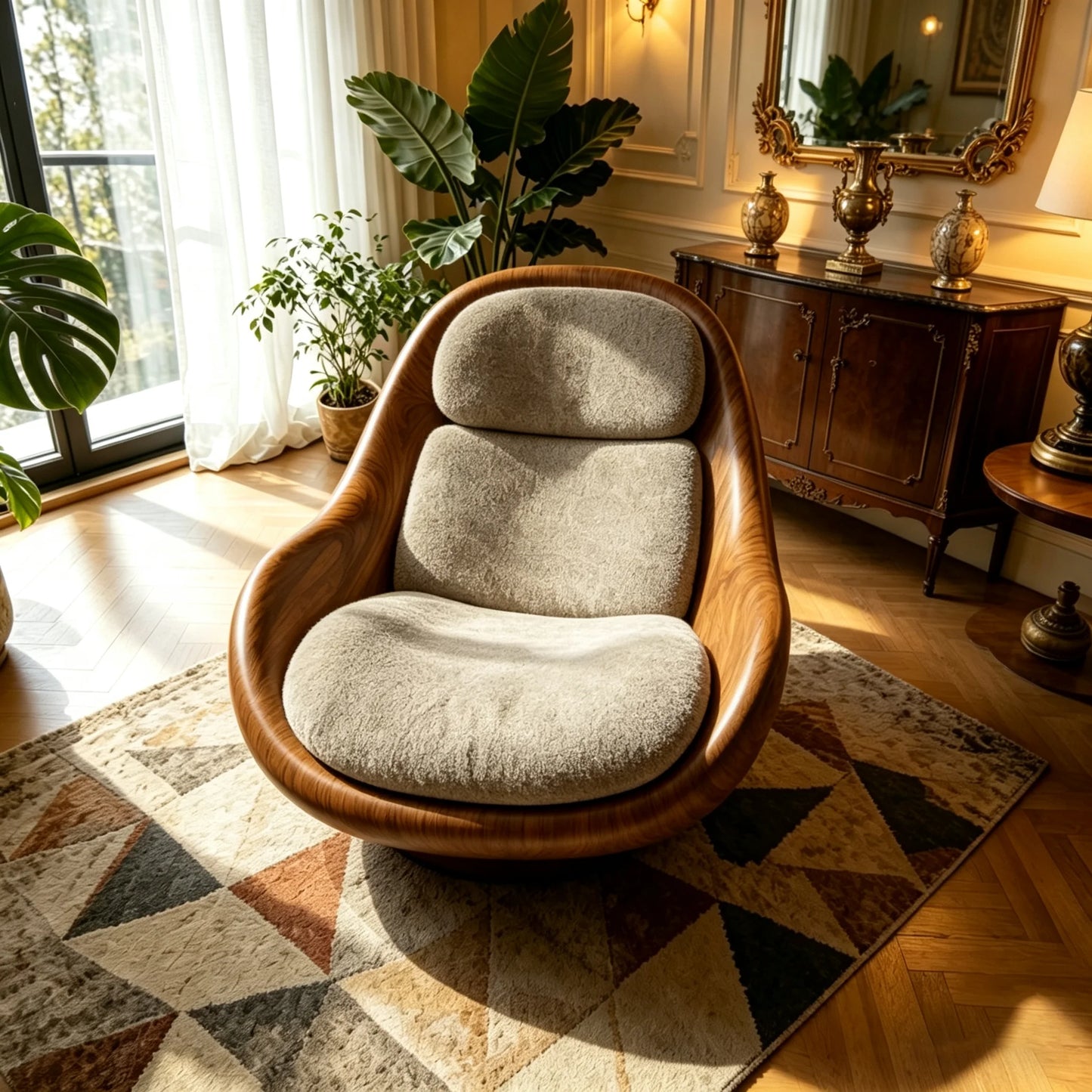 Modern Luxury Swivel Accent Chair with Sculptural Walnut Frame and Soft Boucle Upholstery