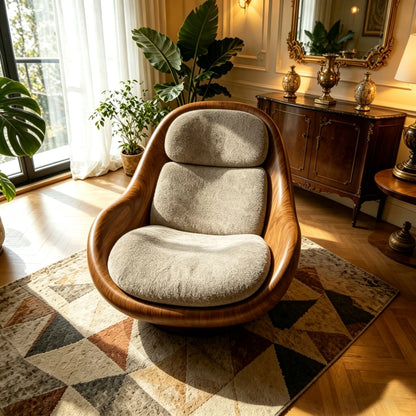 Modern Luxury Swivel Accent Chair with Sculptural Walnut Frame and Soft Boucle Upholstery