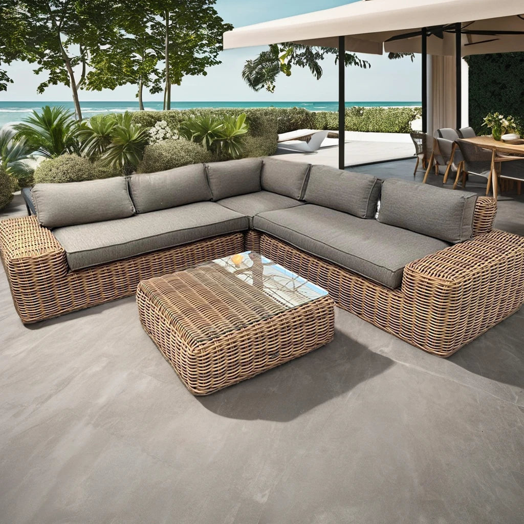 Factory Sale High Quality Outdoor Courtyard Metal Frame Rattan Wicker L-shape Garden Sofa Set