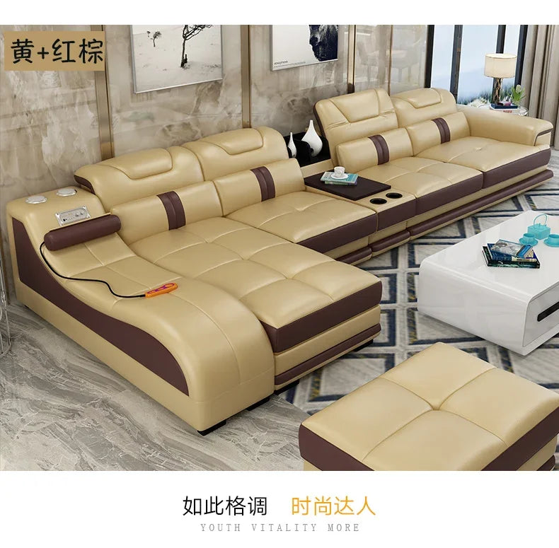 Sectional Sofa with Massage Chaise Lounge, Cup Holder, USB, Adjustable Headrests – Italian Genuine Leather Living Room Couch