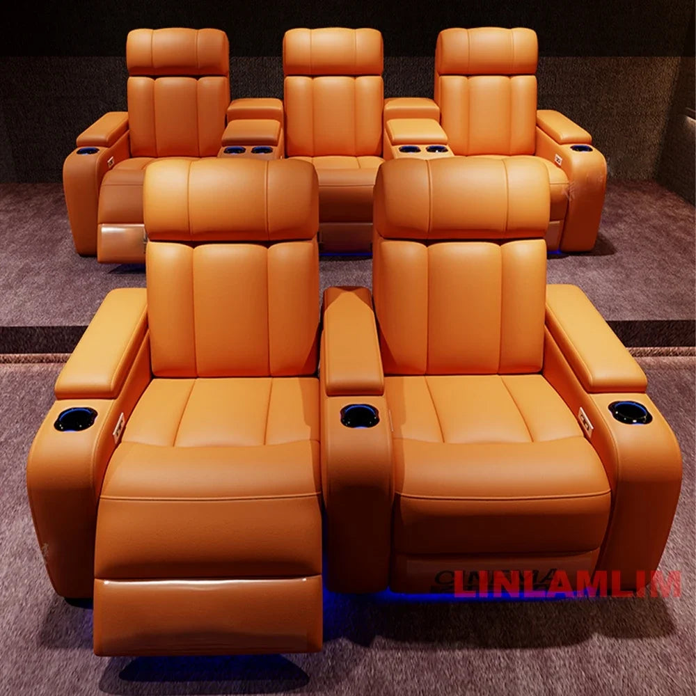 Linlimlam Luxury Genuine Leather Electric Recliners Cinema Chairs with Cup Holder, LED Light – Home Theater Power Reclining Sofa