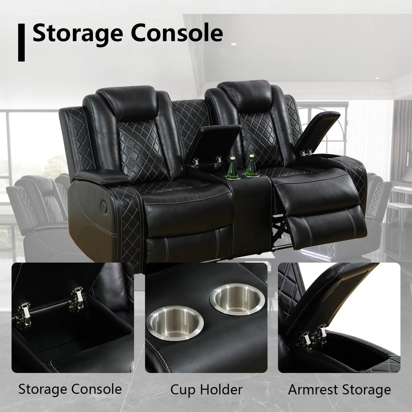 Power Recliner Sofa Set with LED Light for Living Room Furniture，Black Leather Reclining Sofa and Loveseat Set 3 Seater Sofa