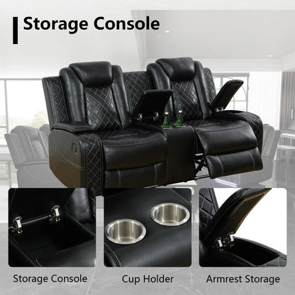 Power Recliner Sofa Set with LED Light for Living Room Furniture，Black Leather Reclining Sofa and Loveseat Set 3 Seater Sofa