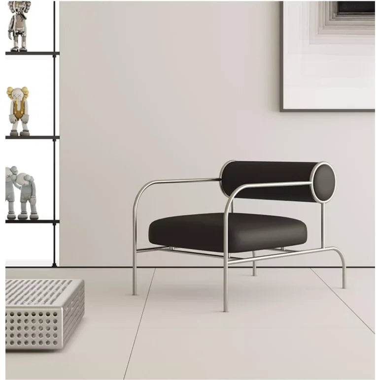 Art Deco Style Chrome & Leather Lounge Chair,Accent Leisure Chair with Geometric Metal Frame,Retro Furniture for Living Room