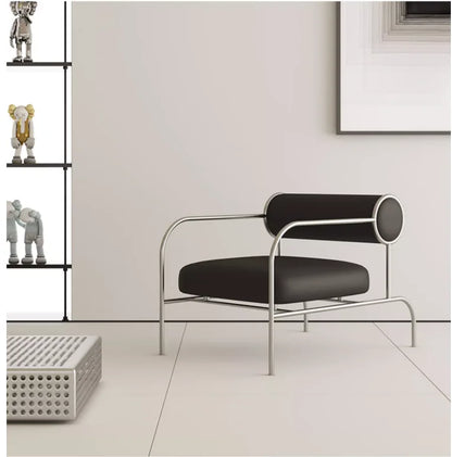 Art Deco Style Chrome & Leather Lounge Chair,Accent Leisure Chair with Geometric Metal Frame,Retro Furniture for Living Room