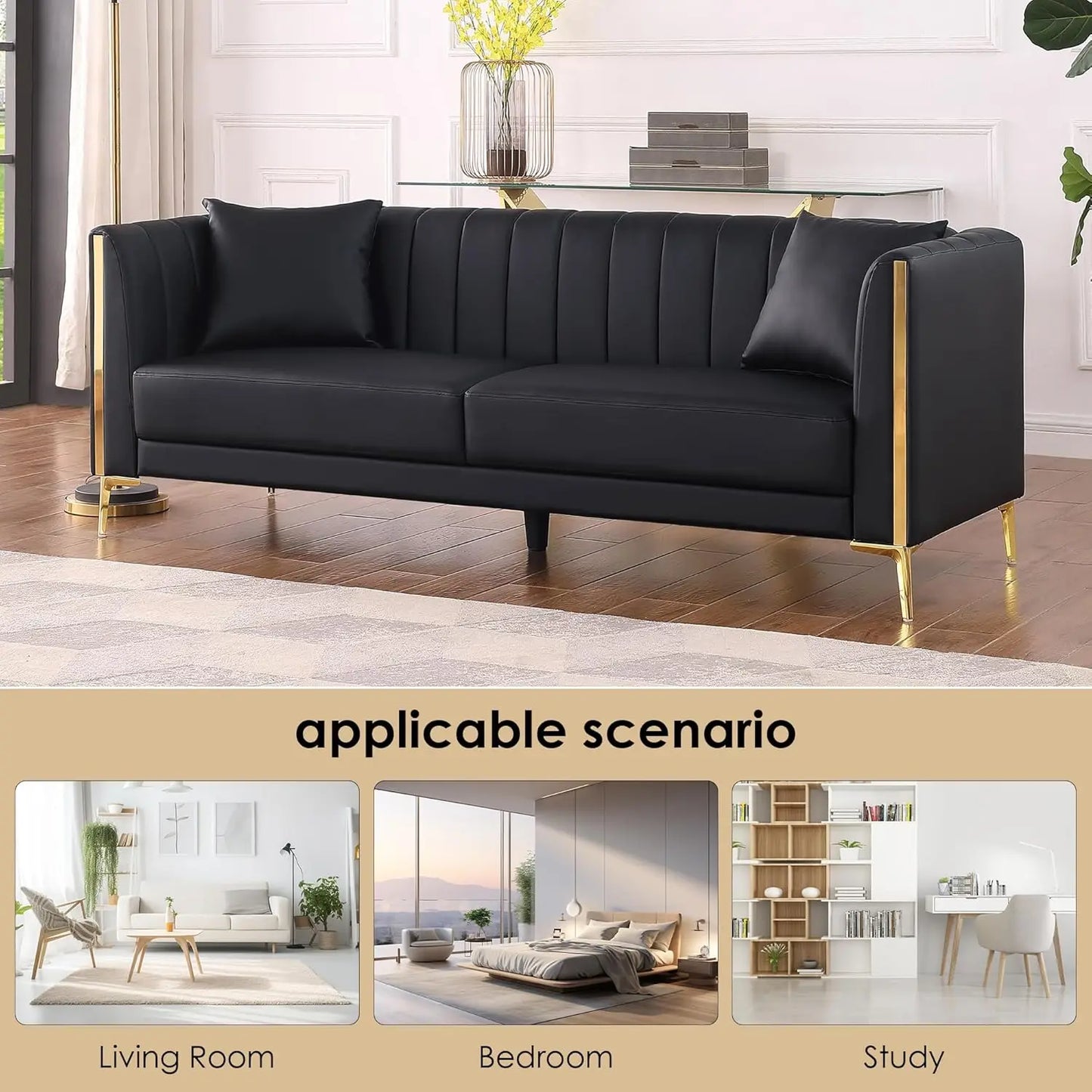 78'' Sofa, Black Couches for Living Room, Comfy Sofas Faux Leather Sofa 3 Seater Couches with 2 Throw Pillows and Gold Metal