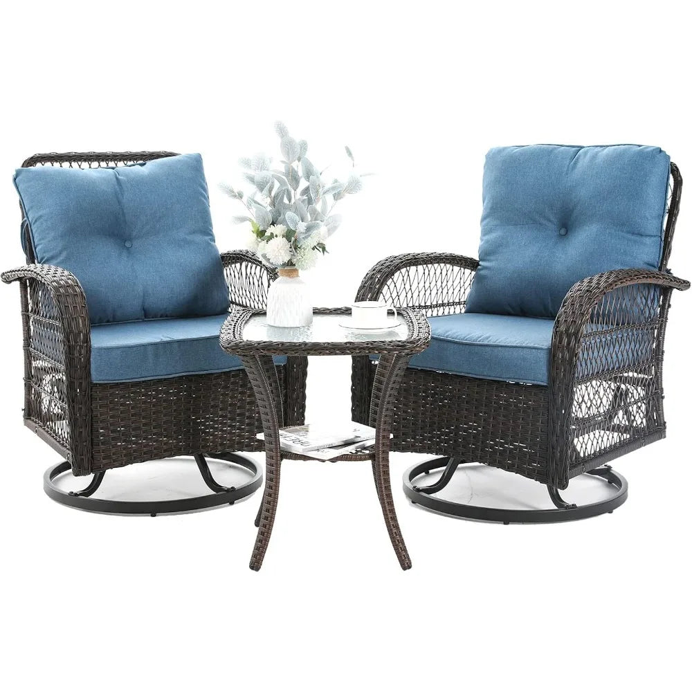 3 Pieces Patio Furniture Set, Outdoor Swivel Glider Rocker, Wicker Patio Bistro Set with Rocking Chair, Thickened Cushions and T