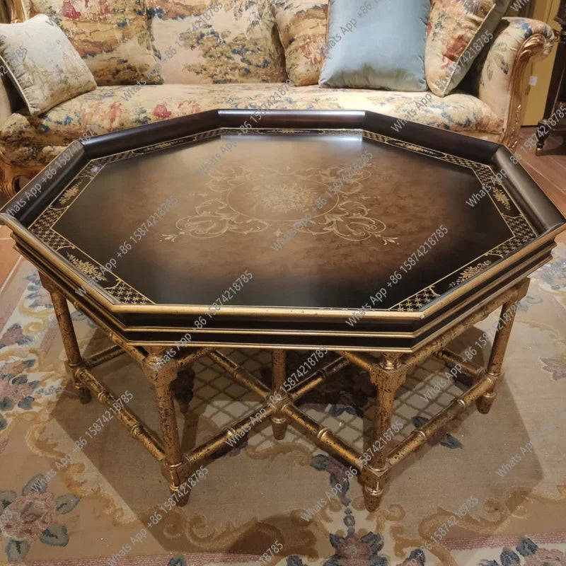 Xx French European Style Country Style Sticker Gold Foil Hand Painted Dark Black Brown Octagonal Tray Shape Coffee Table