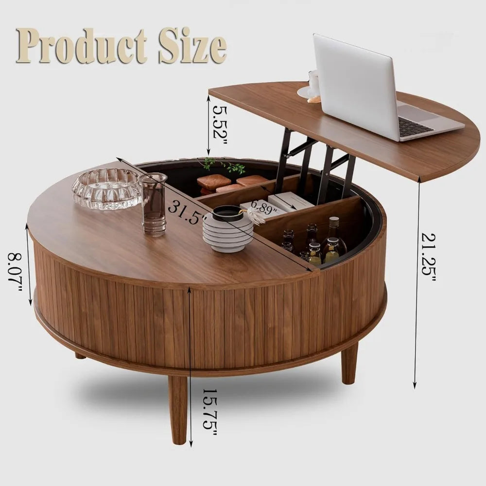 Round trough lift top coffee table with storage space, medieval modern living room coffee table, small family space