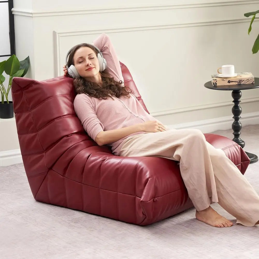 Memory Foam Bean Bag Chair - Adult Sofa, Faux Leather Armless Seat for Living Room, Bedroom, or Office (Wine Red)