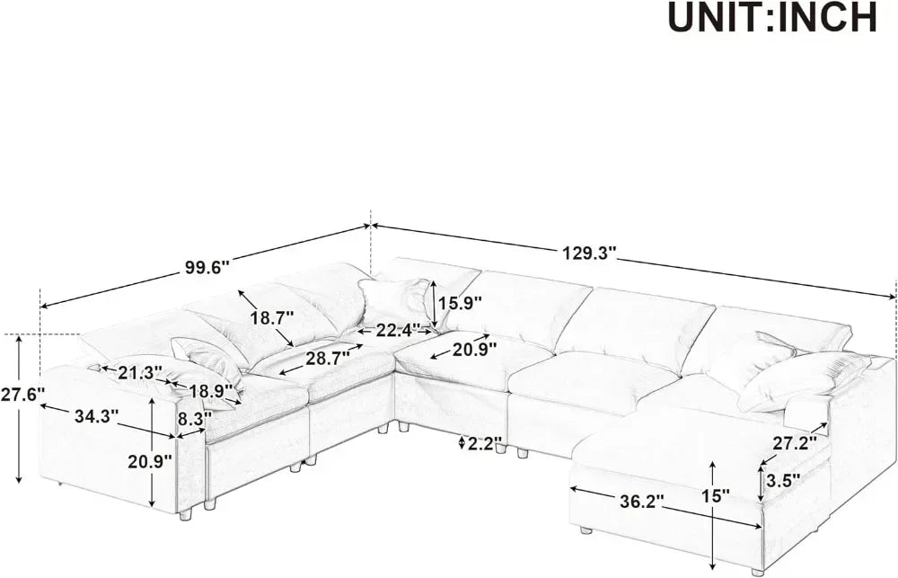 For Oversized Modular Sectional Sofa Set, Modern 6-7 Seater L Shaped Corner Couch with Ottoman for Living Room,Grey