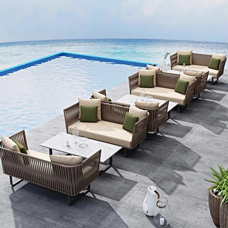 Outdoor Sofa Sunscreen Waterproof Courtyard Terrace Balcony Leisure Rattan Chair Sofa Double Card Seat Rattan Sofa Furniture