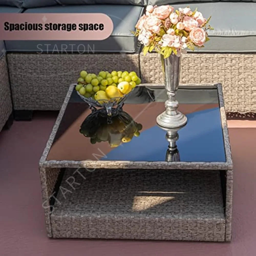 Outdoor Conversation Set Sectional Sofa with Water Resistant Beige Thick Cushions and Storage Table,9-Piece Patio Furniture Set