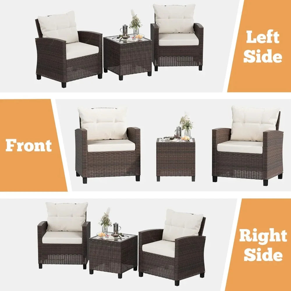 3 Pieces Patio Furniture Set 3 Pieces PE Rattan Wicker Chairs with Table Outdoor Furniture Brown Rattan with White Cushion