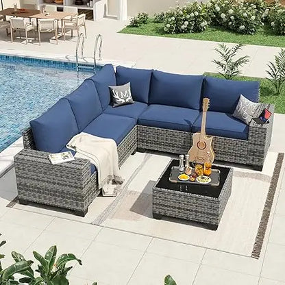 7 Pieces Patio Furniture Set with 44” Fire Pit Table Wicker Rattan Sectional Conversation Set with Coffee Table and 4”