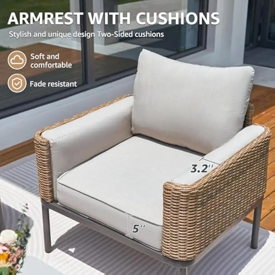4-Piece Wicker Patio Furniture Set, All-Weather Rounded Rattan Conversation Set Sectional Sofa with 5'' Thick Cushions