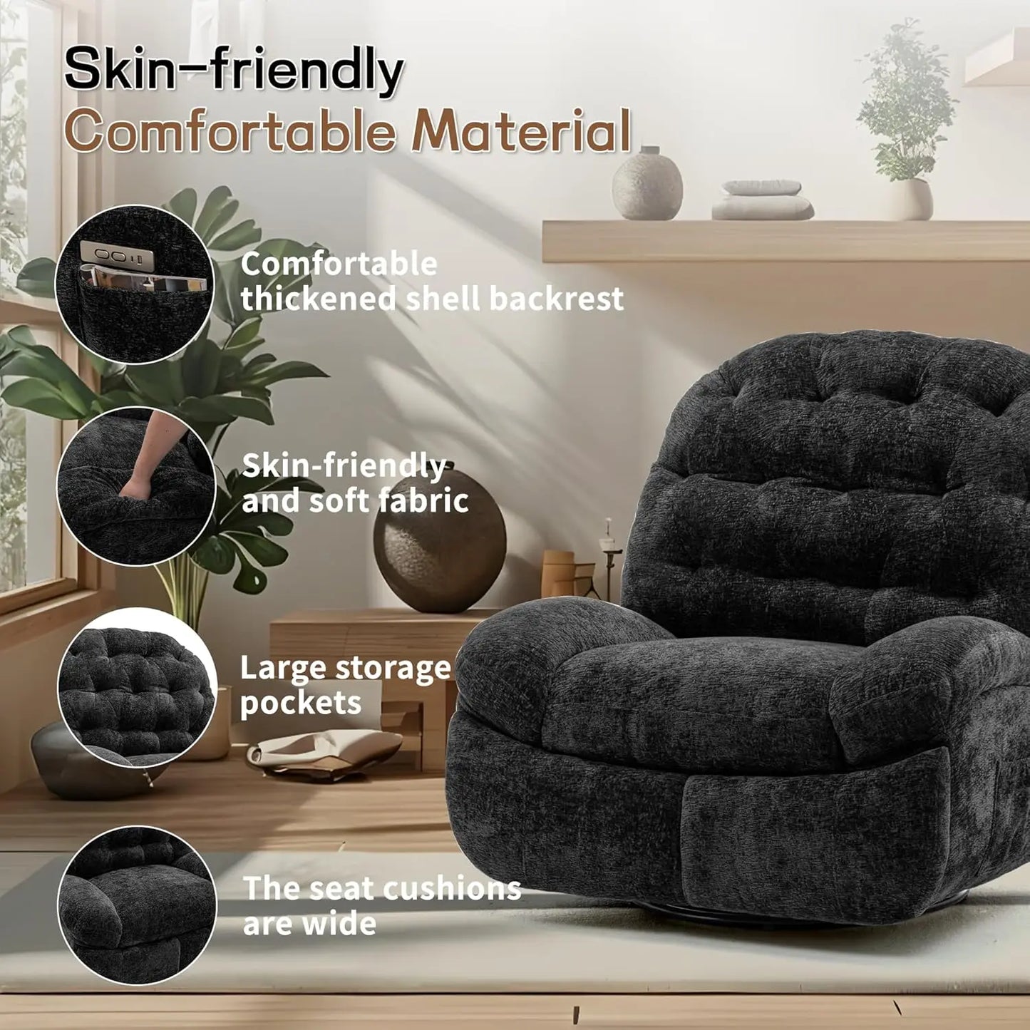 Oversized Swivel Recliner Chair, Comfortable Soft Shell Shaped Recliner with  Ports and Storage for Living Room