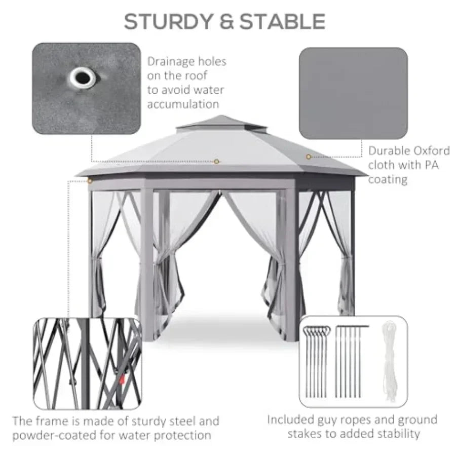 11' x 13' Pop Up Gazebo  Tent with Zippered Mesh Sidewalls and Carrying Bag Event Tent Shelter for Patio Garden Backyard Gray