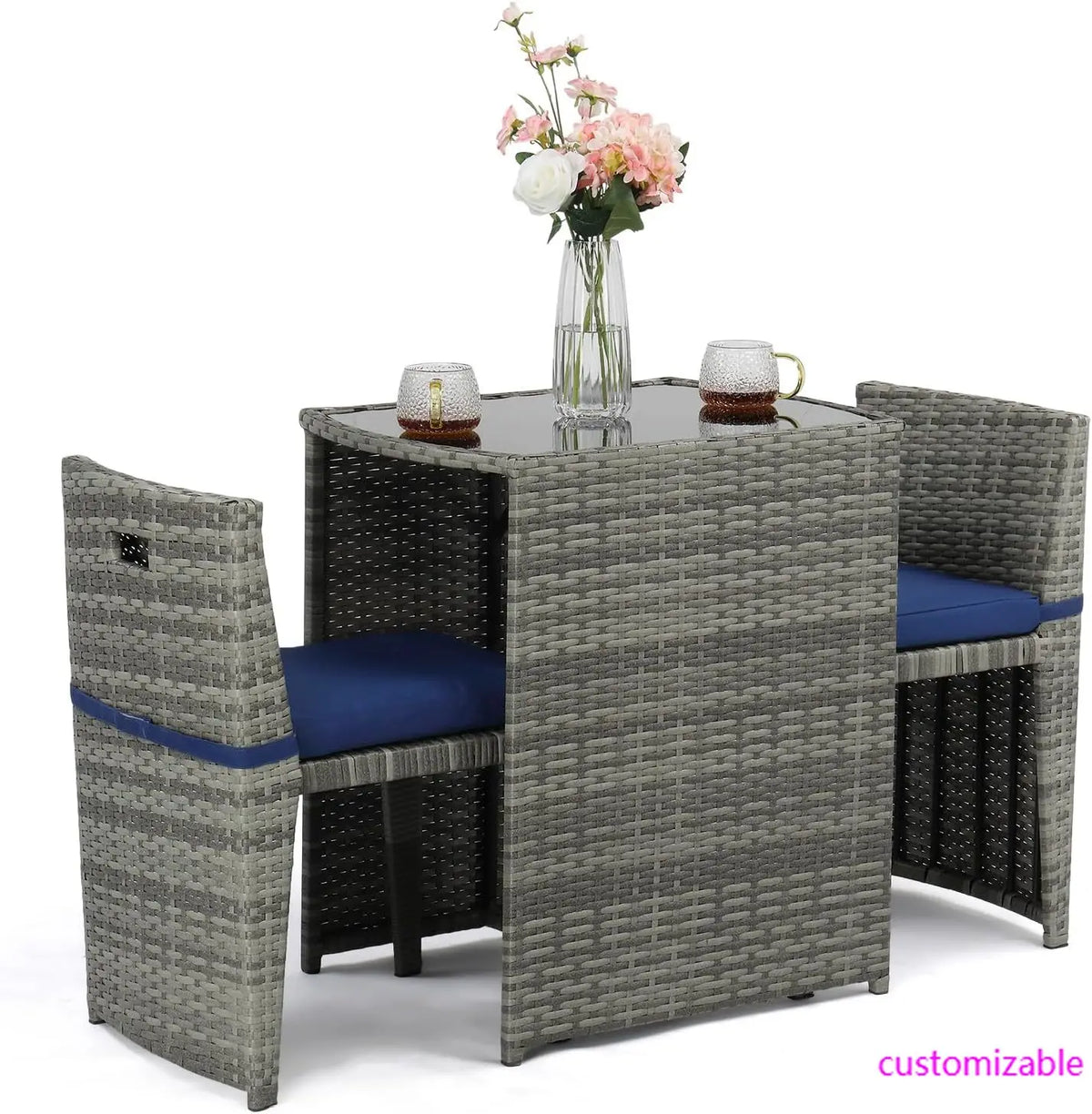 3 PCS Wicker Outdoor Patio Bistro Set, Patio Furniture Set Balcony Furniture Patio Table and Chairs Set of 2