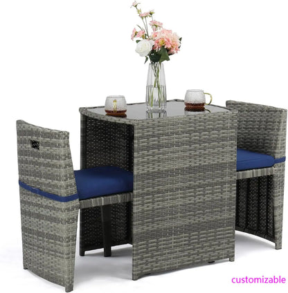 3 PCS Wicker Outdoor Patio Bistro Set, Patio Furniture Set Balcony Furniture Patio Table and Chairs Set of 2