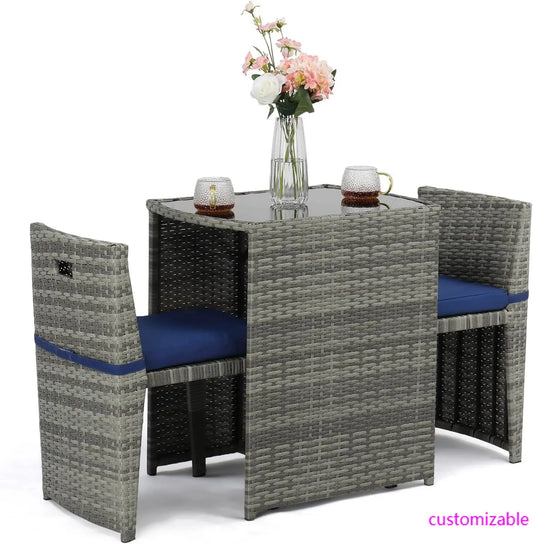 3 PCS Wicker Outdoor Patio Bistro Set, Patio Furniture Set Balcony Furniture Patio Table and Chairs Set of 2