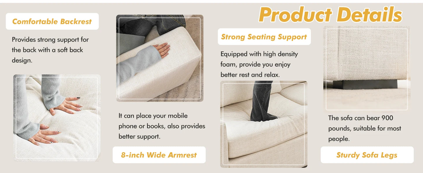 ELUCHANG 85" Modern Sofa Couches for Living Room, 3 Seater Sofa, Natural Linen Deep Seat Sofa with Upholstered Cushion