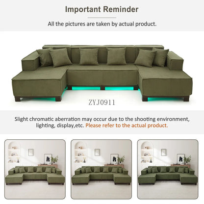 Modern U-Shaped Sectional Sofa 130" Sectional Sofa Upholstered Sofa with RGB LED Light Strip and 6 Pillows for Living Room