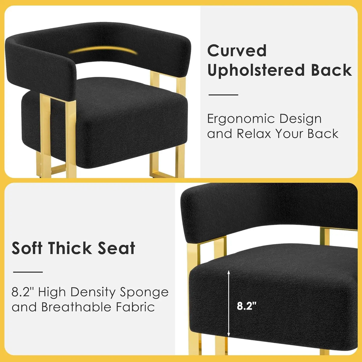 Modern Black and Gold Accent Chair Set of 2, Boucle Bucket Chairs Set of 2, Arm Chairs for Living Room Bedroom (2, Black)