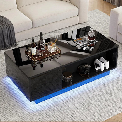 47" Modern LED Coffee Table with Lift Top, All Black Coffee Table with Storage High Gloss Surface, Hidden Storage with Drawer,