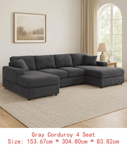 3-Pc Corduroy Double-Chaise Sectional Sofa with Plush Cushions and Modern Design, Comfortable Seating for Living Room, Stylish