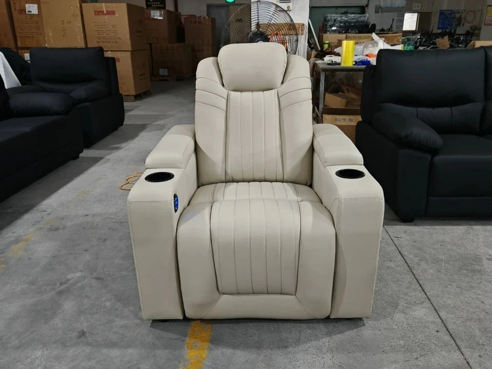 Genuine Leather Sofa Chair for Home Theater, Modern Electric Power Reclining Seat with Footrest and Cup Holders