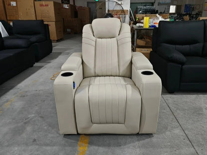 Genuine Leather Sofa Chair for Home Theater, Modern Electric Power Reclining Seat with Footrest and Cup Holders