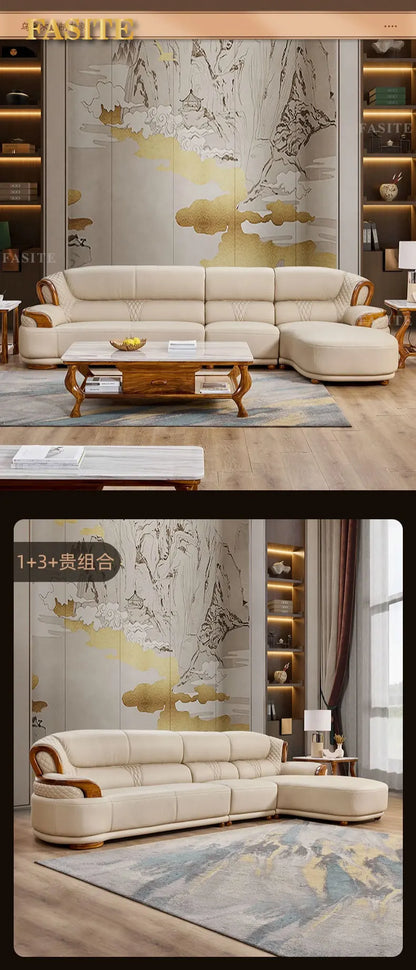 Ebony leather living room sofa combination modern simple light luxury new Chinese style solid wood first layer cowhide furniture