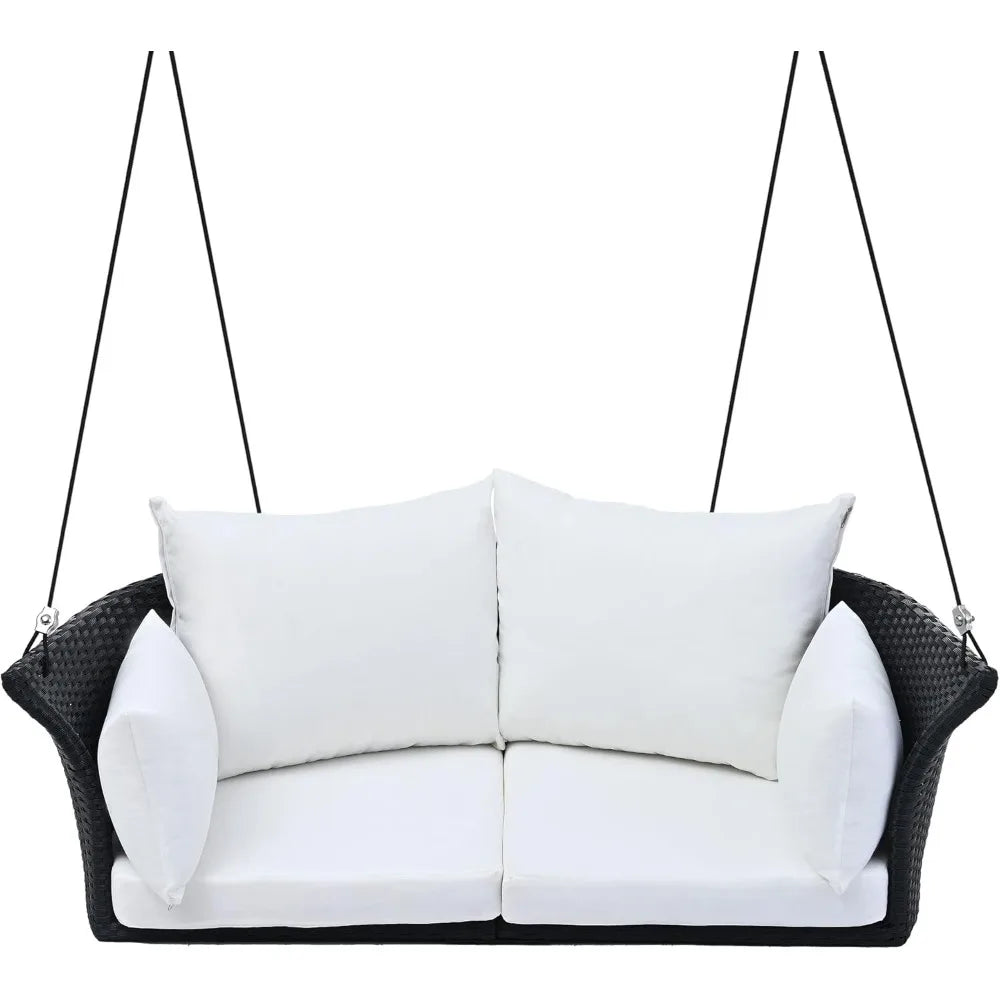 LEISURE ZONE Porch Swing with Ropes, 2-Person Hanging Swing Seat, Rattan Woven Swing Chair with Wicker and Cushion, Porch Swi