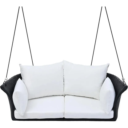 LEISURE ZONE Porch Swing with Ropes, 2-Person Hanging Swing Seat, Rattan Woven Swing Chair with Wicker and Cushion, Porch Swi