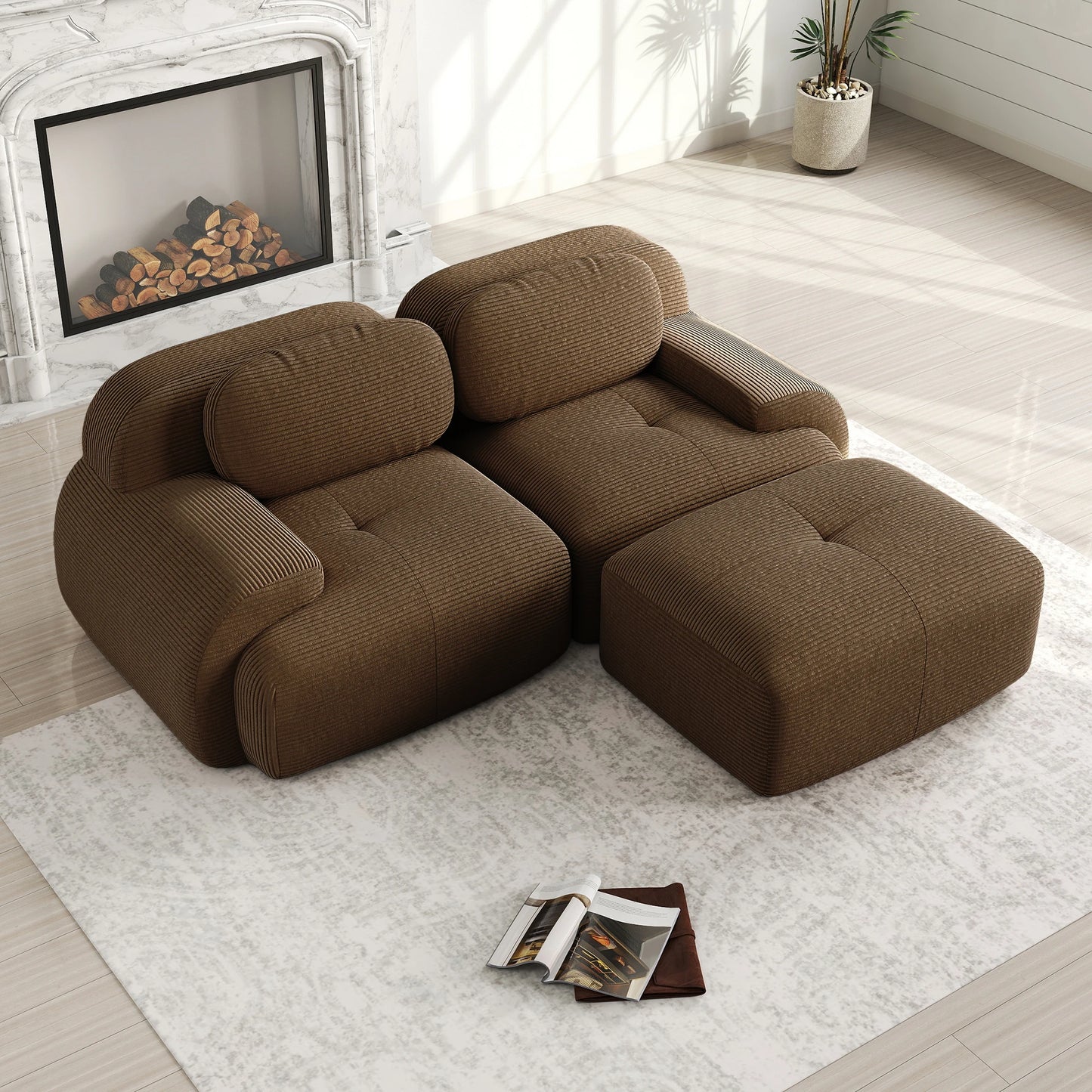 82'' Corner Sofa in Soft Cord Fabric, Modular Combined with Curved Armrests, Without Mounting, Highly Elastic Foam Upholstery