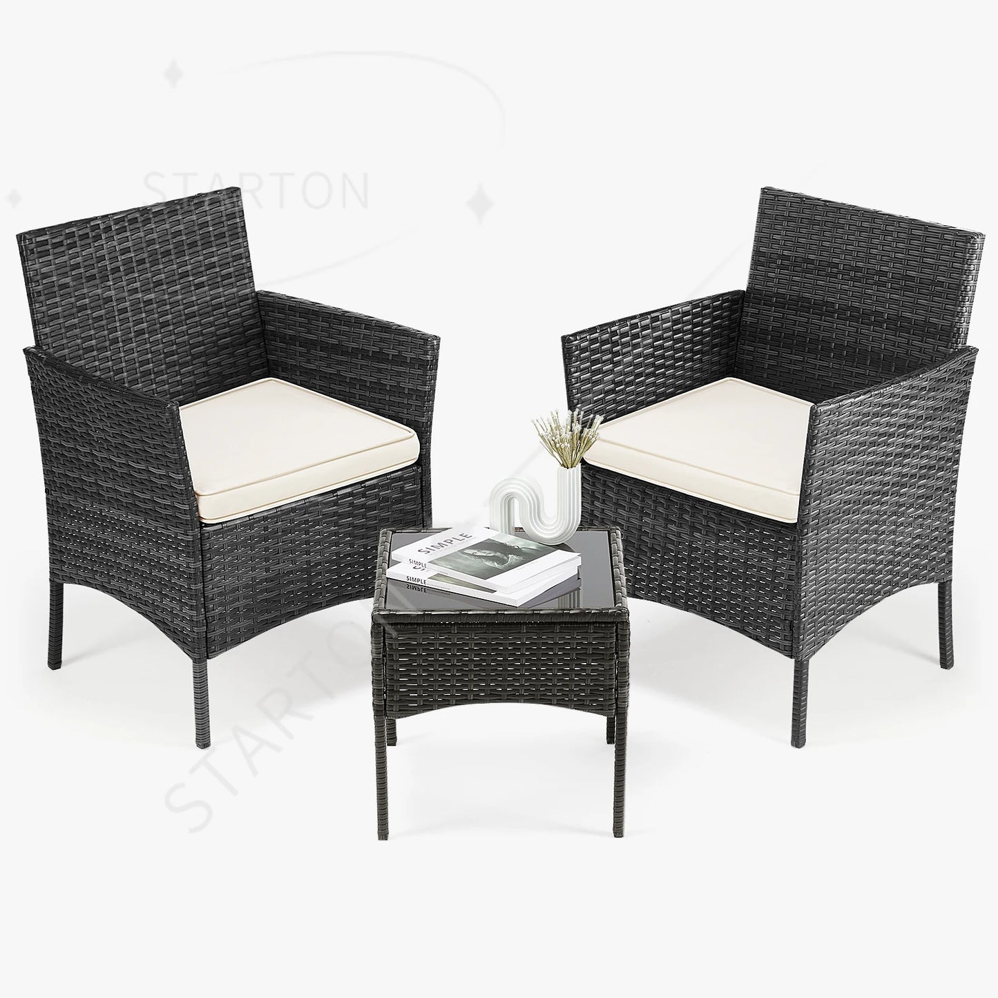 Best-Selling Outdoor Patio Furniture Set 3 Pieces with Soft Cushion and Glass Table Manual Weaving Wicker Rattan Patio Chairs
