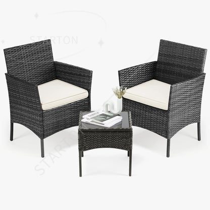 Best-Selling Outdoor Patio Furniture Set 3 Pieces with Soft Cushion and Glass Table Manual Weaving Wicker Rattan Patio Chairs